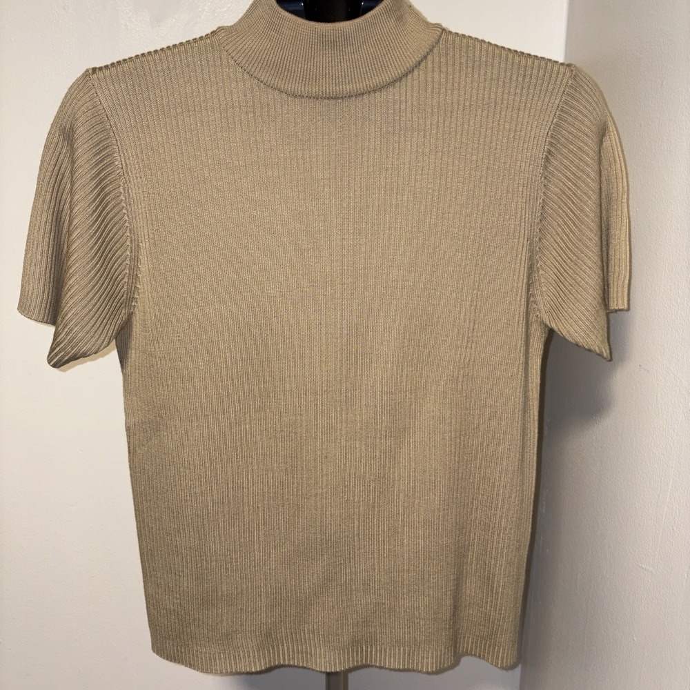 Studio Works Knit Sweater Women's Medium Beige Mock Neck Short Sleeve Ribbed